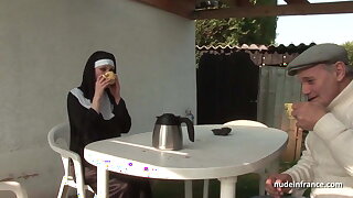 Young french nun sodomized close by threesome with Papy Voyeur